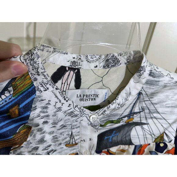 La Prestic Ouiston Jeanne Ship Map Swirl Print Silk Top Blouse Patchwork 1 Small - Picture 12 of 15